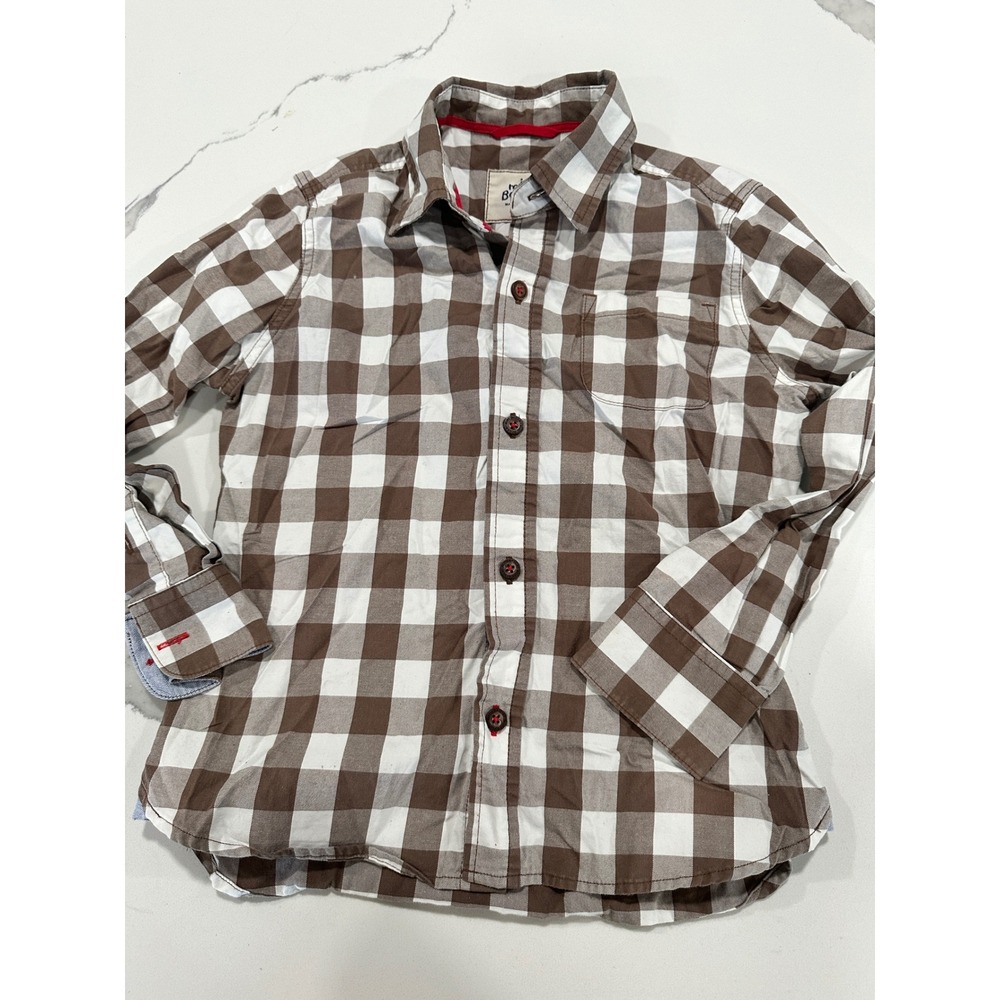 Mini Boden Brown White Gingham Check Button‎ Down Shirt Kids Size 4 5 Years
